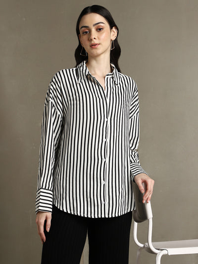 DL Woman White Striped Spread Collar Full Sleeves Oversized Shirt