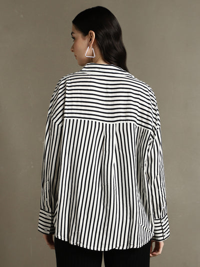 DL Woman White Striped Spread Collar Full Sleeves Oversized Shirt