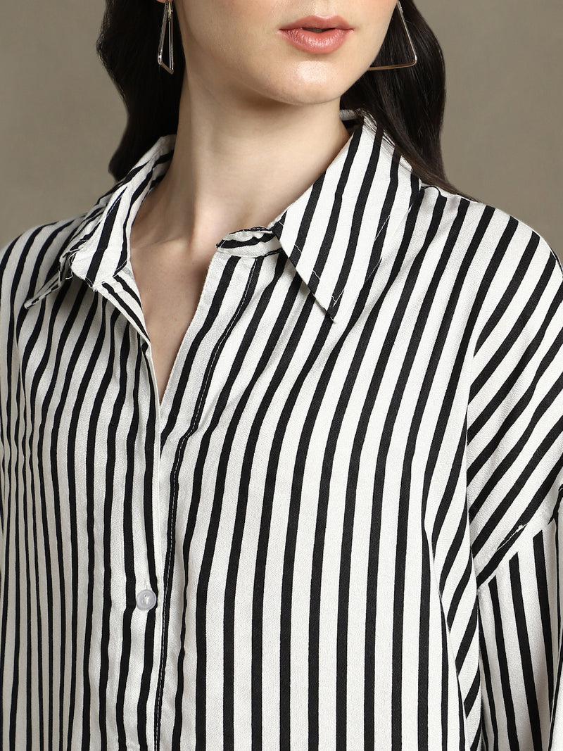 DL Woman White Striped Spread Collar Full Sleeves Oversized Shirt