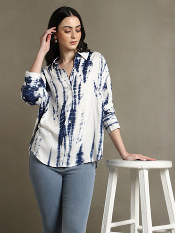 DL Woman Blue Printed Spread Collar Full Sleeves Oversized Shirt