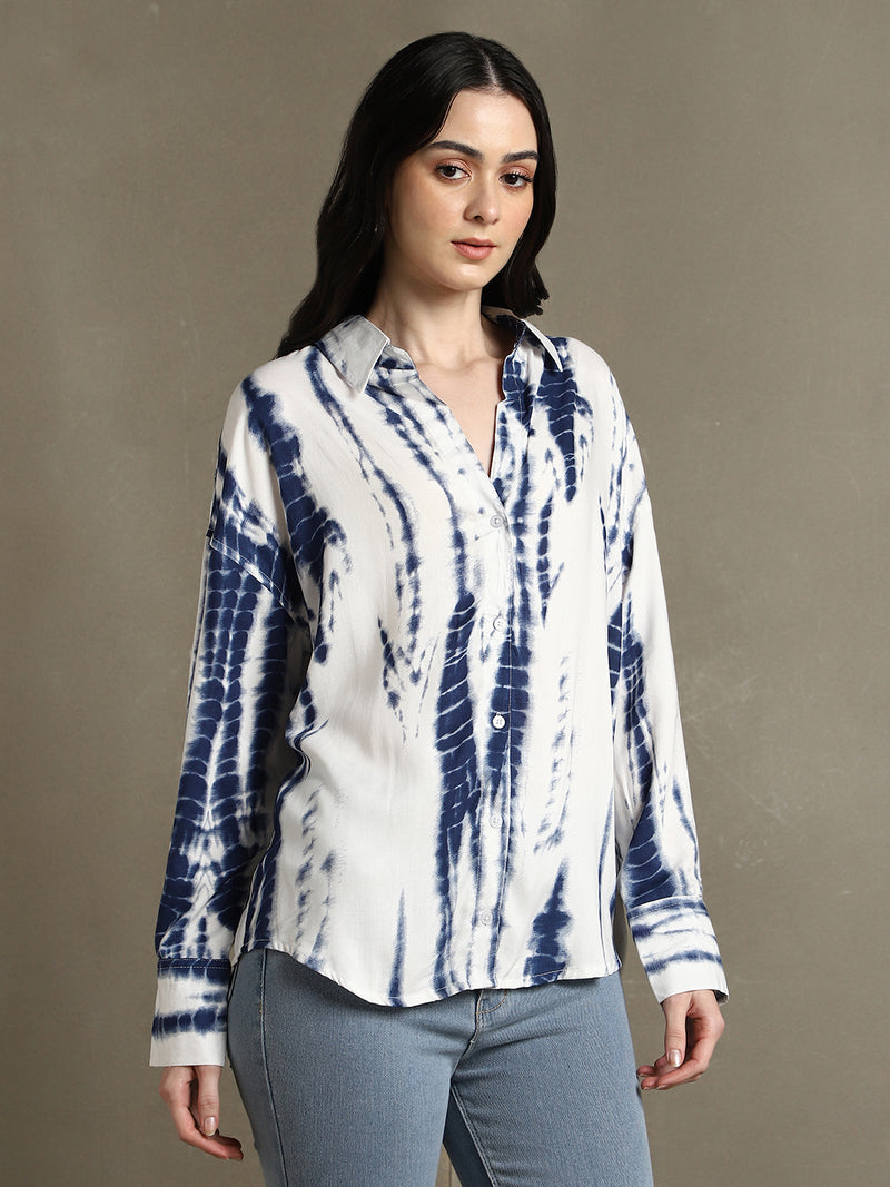 DL Woman Blue Printed Spread Collar Full Sleeves Oversized Shirt