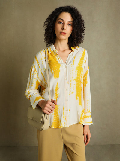 DL Woman Yellow Printed Spread Collar Full Sleeves Oversized Shirt