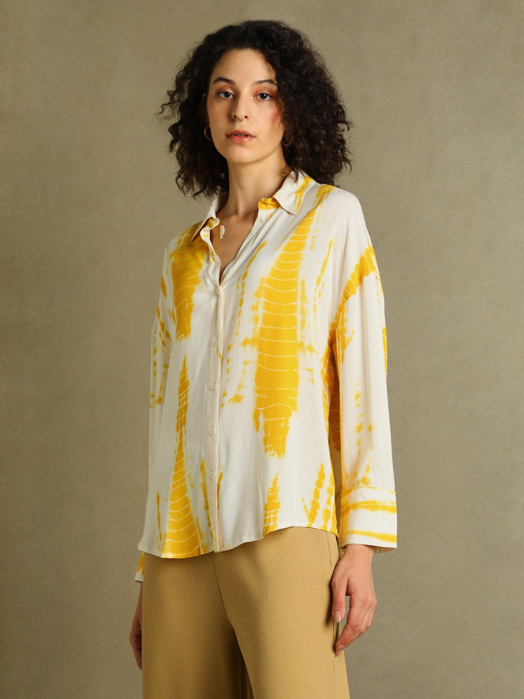 DL Woman Yellow Printed Spread Collar Full Sleeves Oversized Shirt