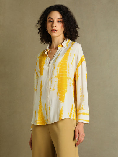 DL Woman Yellow Printed Spread Collar Full Sleeves Oversized Shirt