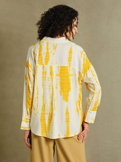 DL Woman Yellow Printed Spread Collar Full Sleeves Oversized Shirt