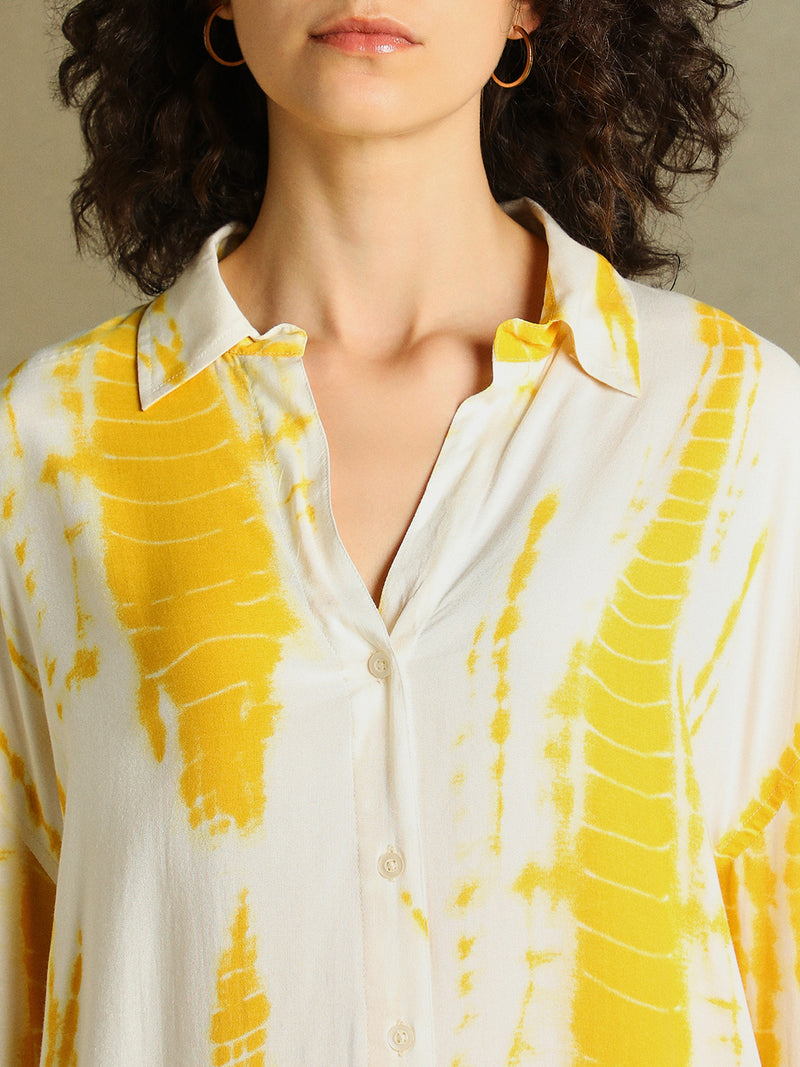 DL Woman Yellow Printed Spread Collar Full Sleeves Oversized Shirt