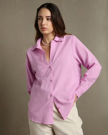 DL Woman Lavender Solid Textured Spread Collar Full Sleeves Oversized Shirt