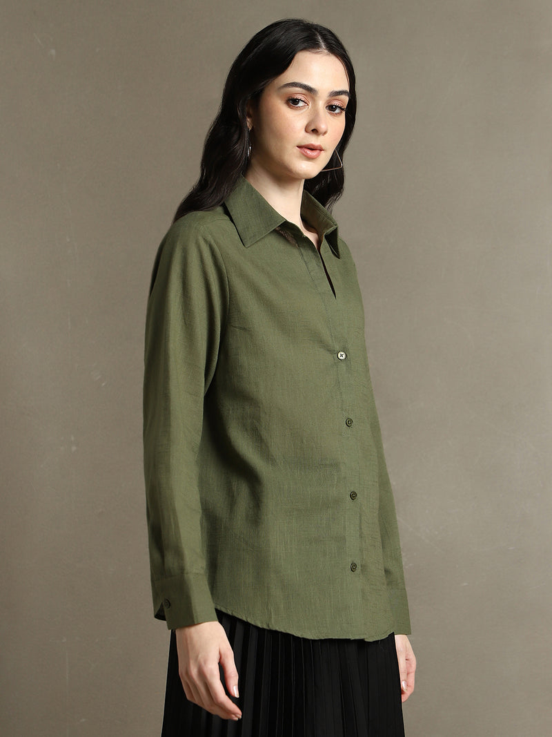 DL Woman Olive Solid Textured Spread Collar Full Sleeves Oversized Shirt