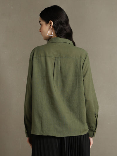 DL Woman Olive Solid Textured Spread Collar Full Sleeves Oversized Shirt