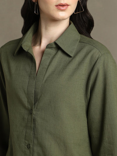 DL Woman Olive Solid Textured Spread Collar Full Sleeves Oversized Shirt