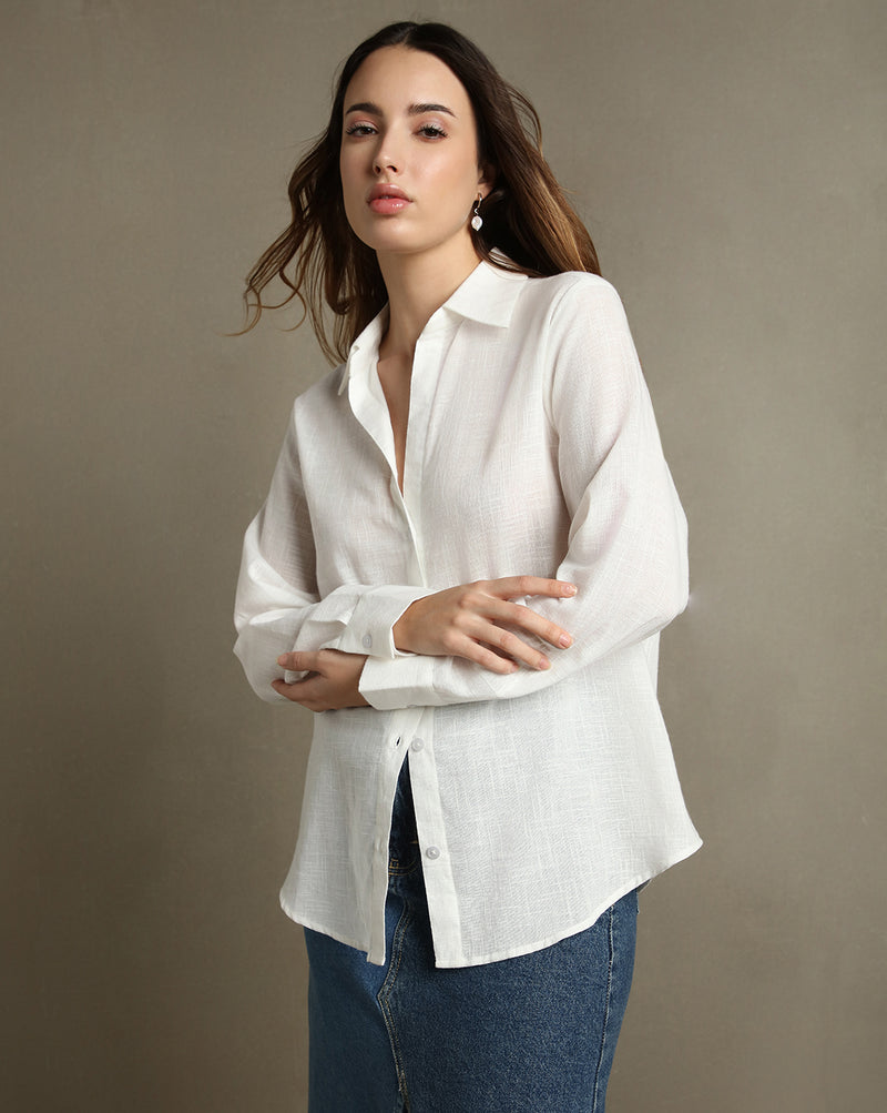 DL Woman White Solid Textured Spread Collar Full Sleeves Oversized Shirt