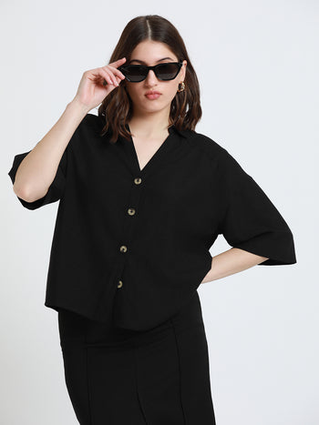 DL Woman Shirt Collar Relaxed Fit Solid Black Shirt