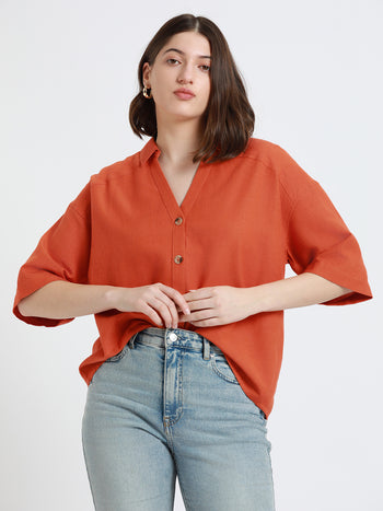 DL Woman Rust Relaxed fit Spread Collar Cotton Casual Shirt