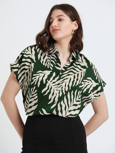 DL Woman Spread Collar Regular Fit Tropical Print Black Shirt