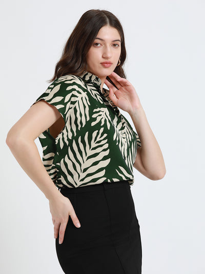 DL Woman Spread Collar Regular Fit Tropical Print Black Shirt