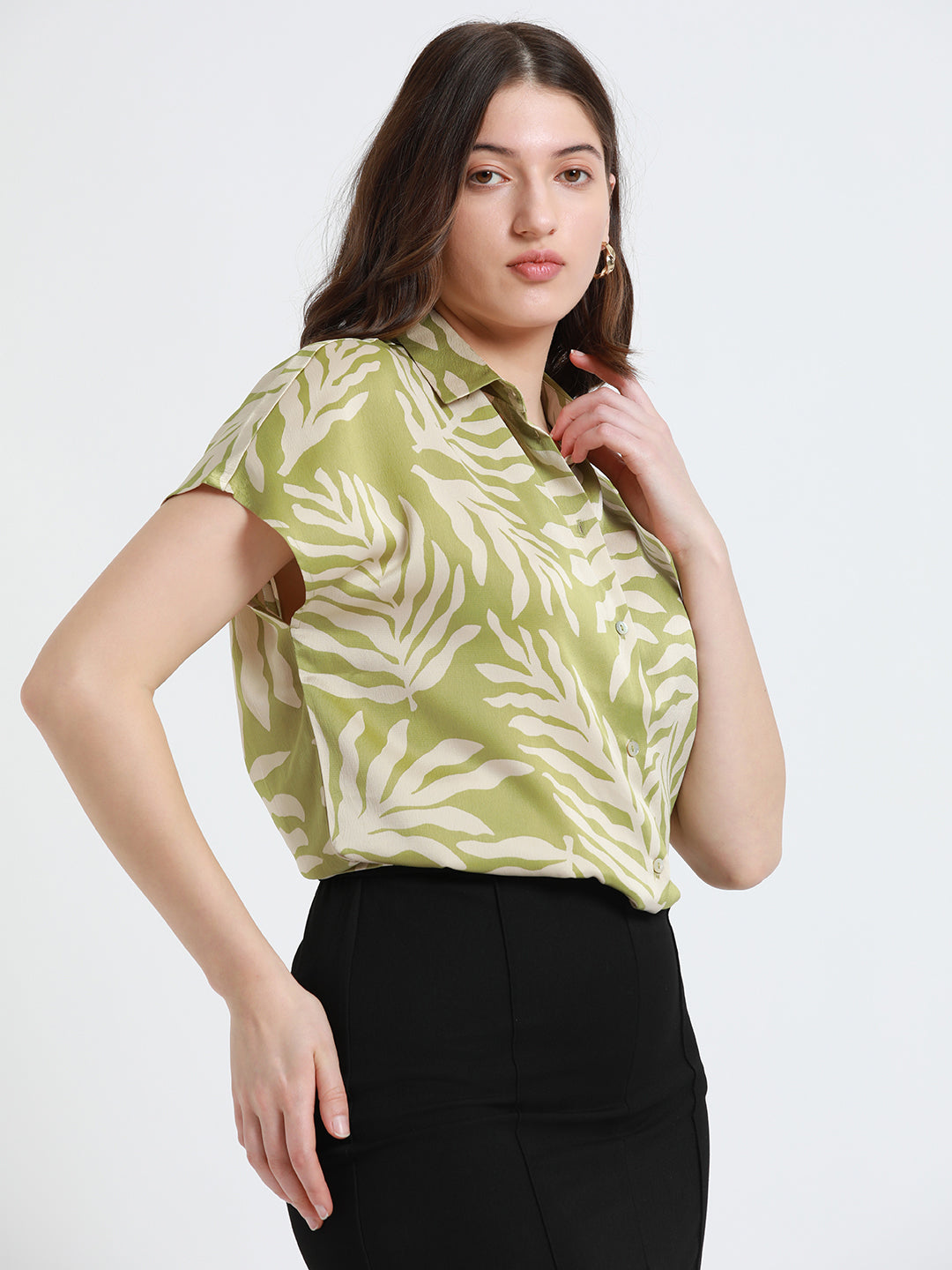 DL Woman Light Olive Floral Printed Extended Sleeves Relaxed Fit Casual Shirt