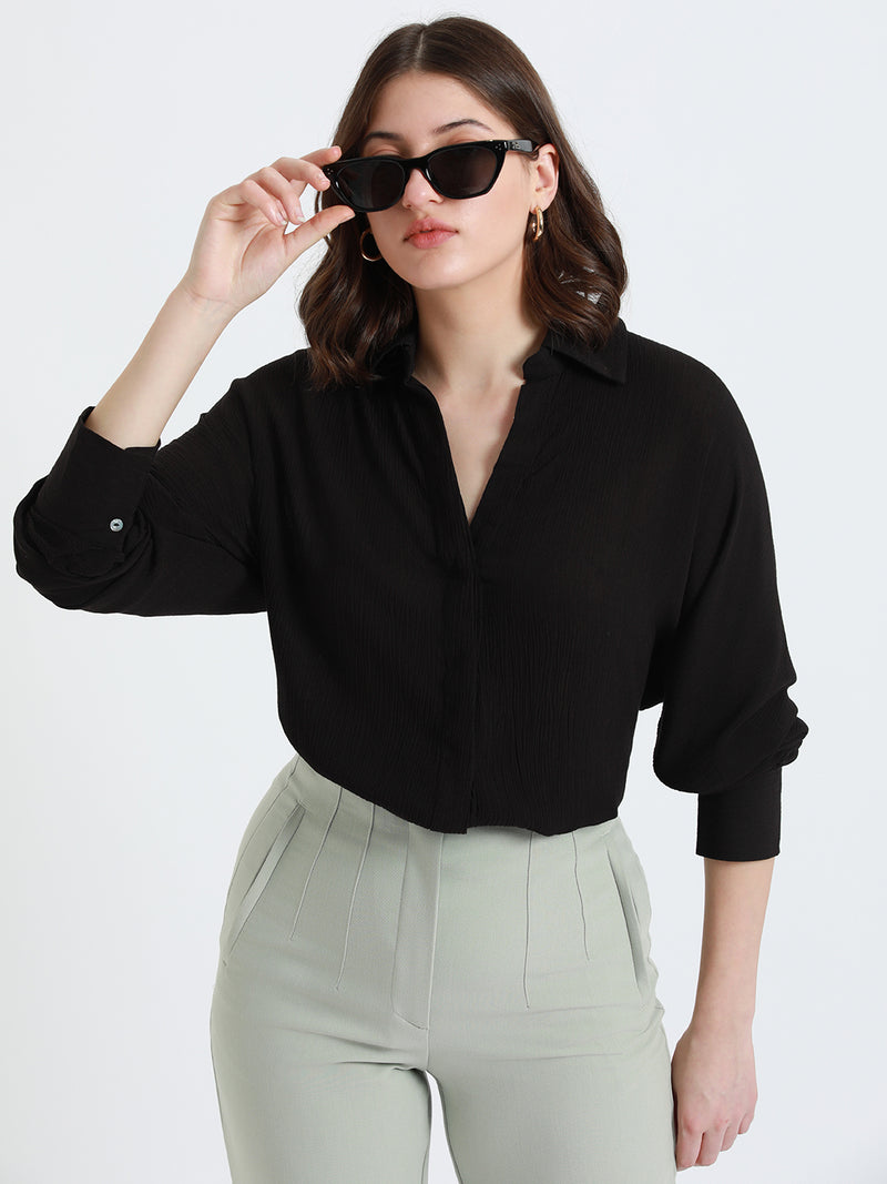 DL Woman Shirt Collar Relaxed Fit Solid Black Shirt