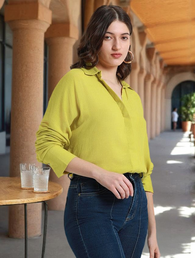 DL Woman Shirt Collar Relaxed Fit Solid Lime Green Shirt