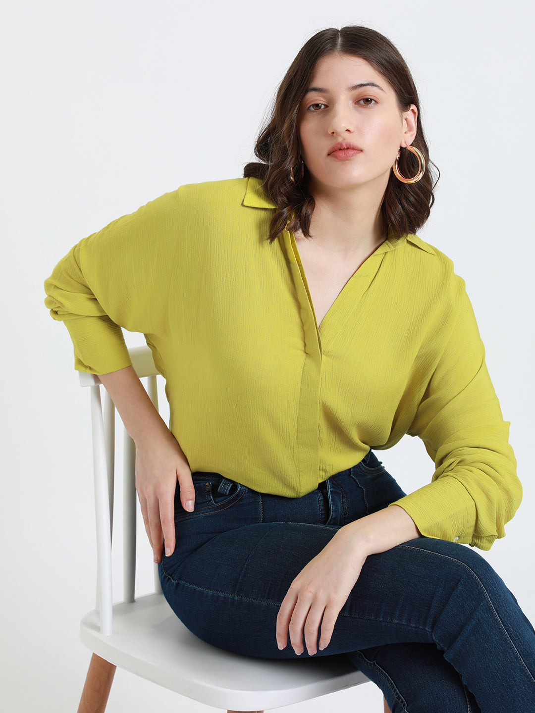 DL Woman Shirt Collar Relaxed Fit Solid Lime Green Shirt