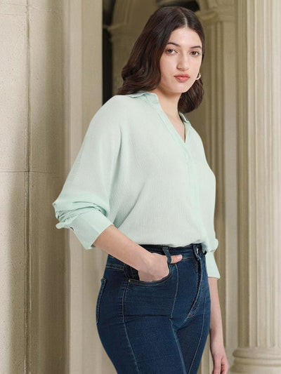 DL Woman Shirt Collar Relaxed Fit Solid Mint Shirt