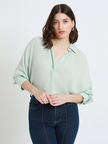 DL Woman Shirt Collar Relaxed Fit Solid Mint Shirt