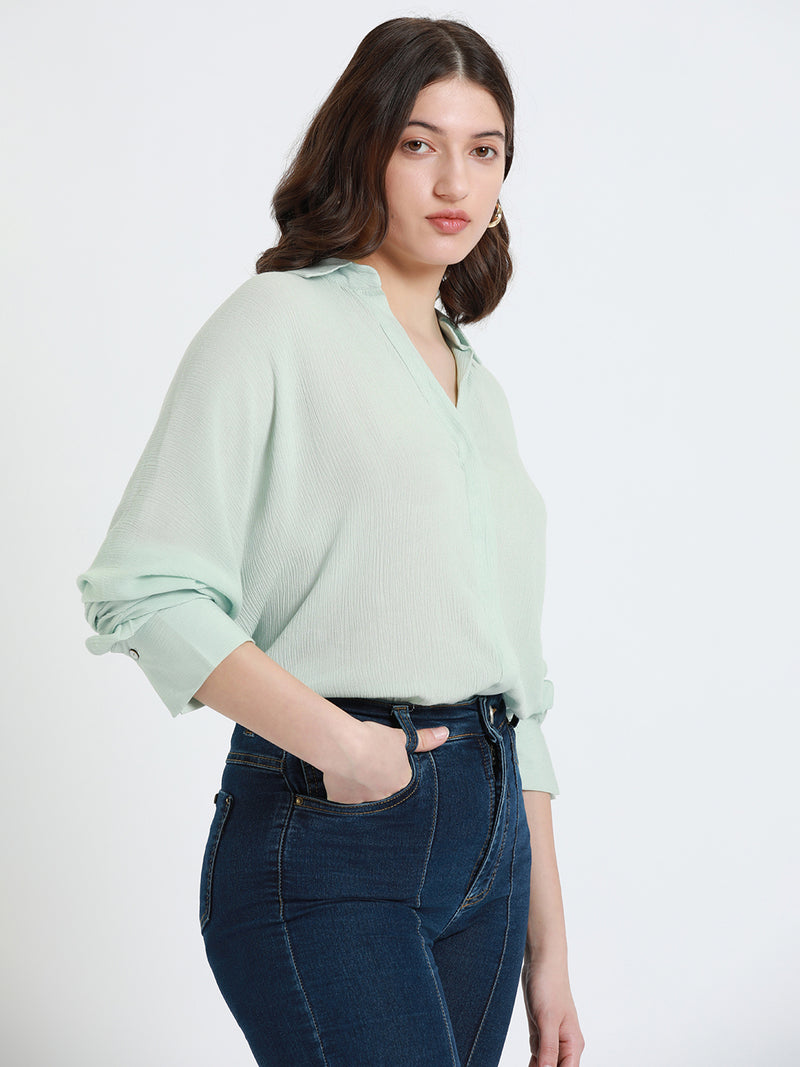 DL Woman Shirt Collar Relaxed Fit Solid Mint Shirt