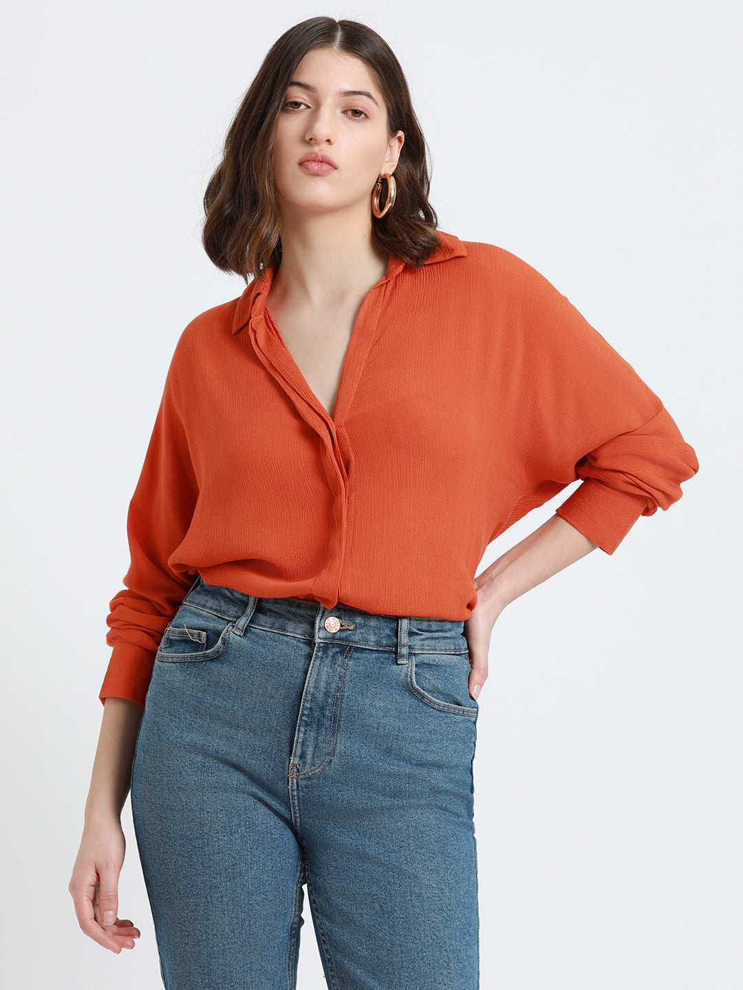 DL Woman Shirt Collar Relaxed Fit Solid Rust Shirt