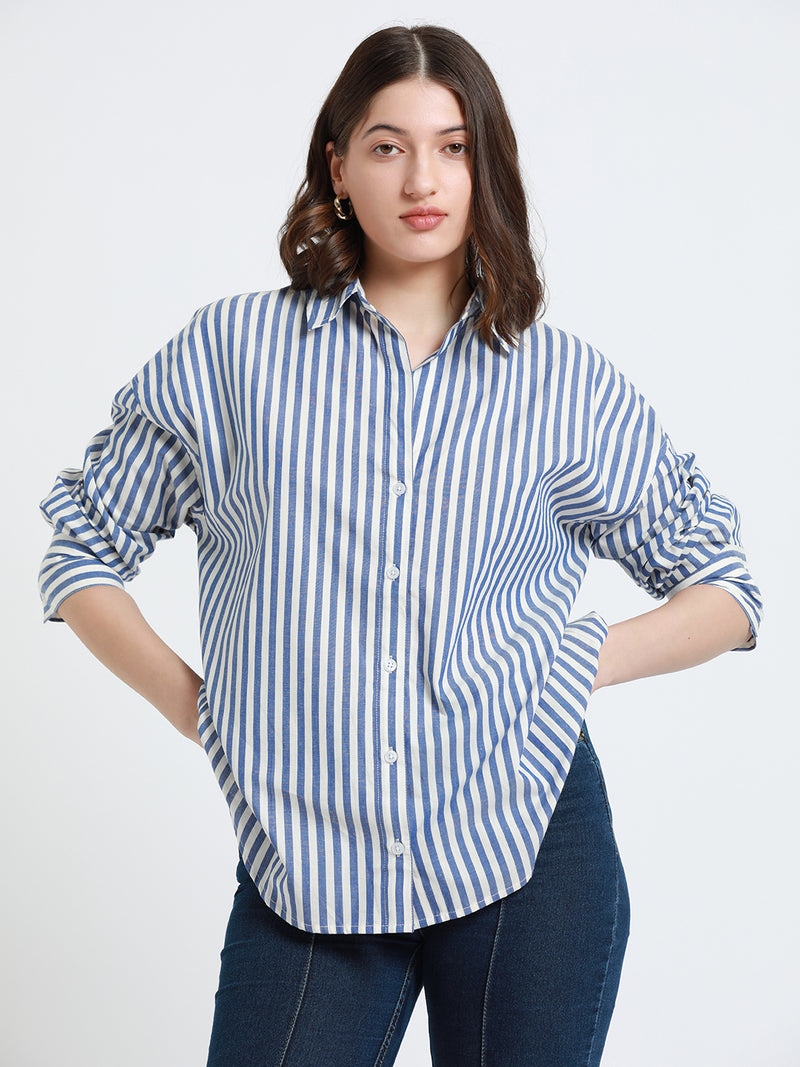 DL Woman Cobalt Blue Relaxed fit Striped Cotton Casual Shirt