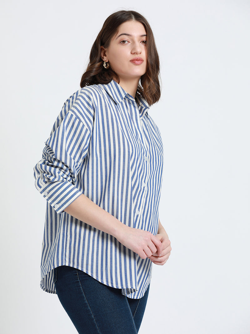 DL Woman Cobalt Blue Relaxed fit Striped Cotton Casual Shirt