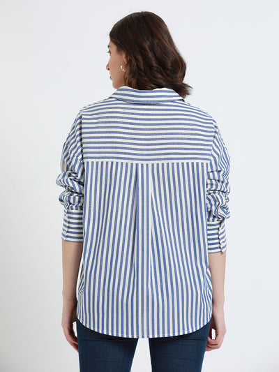 DL Woman Cobalt Blue Relaxed fit Striped Cotton Casual Shirt