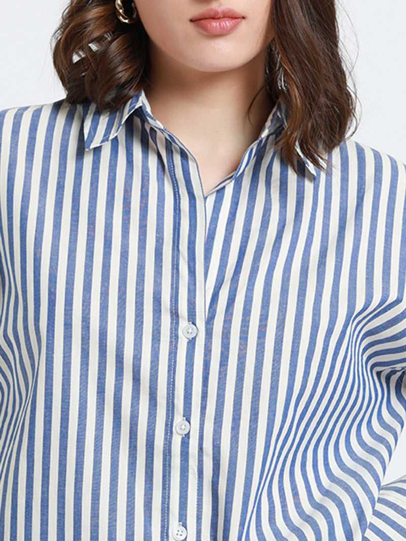 DL Woman Cobalt Blue Relaxed fit Striped Cotton Casual Shirt