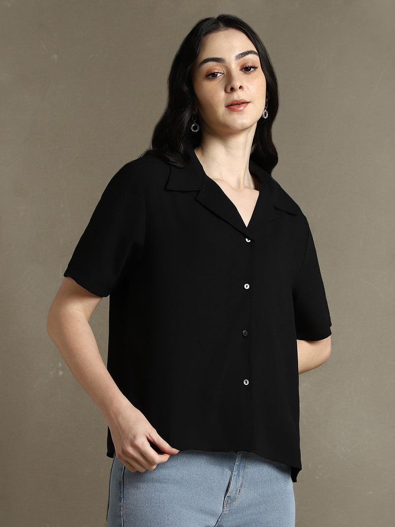 DL Woman Black Solid Lapel Collar Half Sleeves Shirt