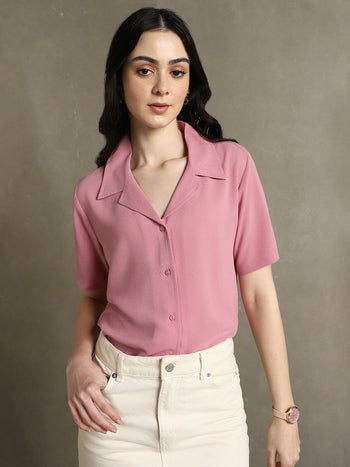 DL Woman Pink Solid Lapel Collar Half Sleeves Shirt