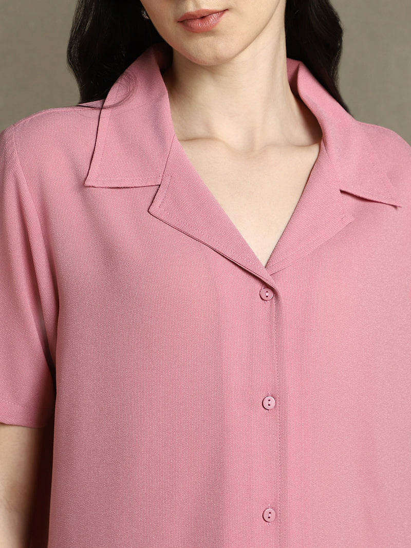 DL Woman Pink Solid Lapel Collar Half Sleeves Shirt