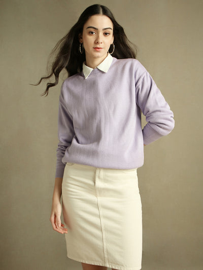 DL Woman Round Neck Solid Lavender Full Sleeves Pullover Sweater