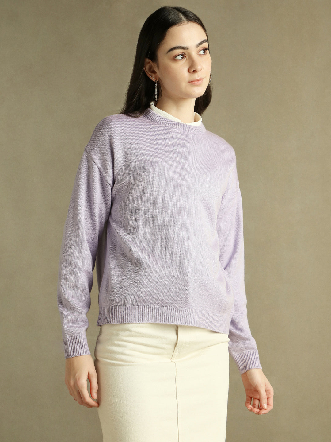 DL Woman Round Neck Solid Lavender Full Sleeves Pullover Sweater