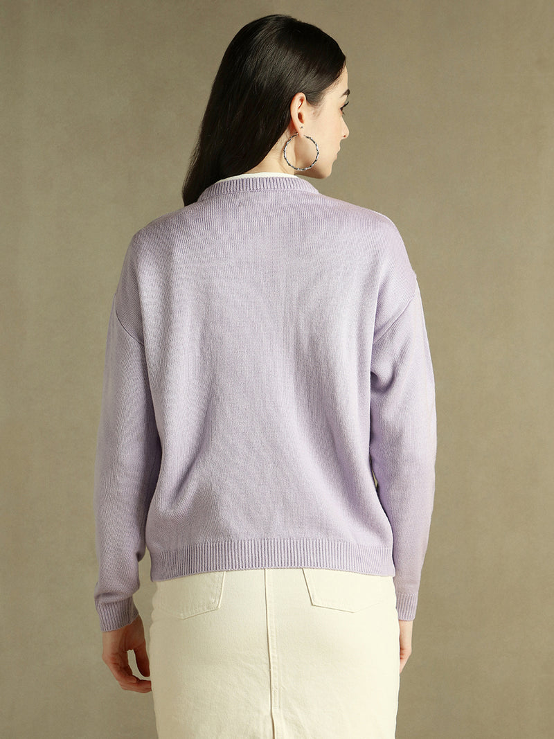 DL Woman Round Neck Solid Lavender Full Sleeves Pullover Sweater