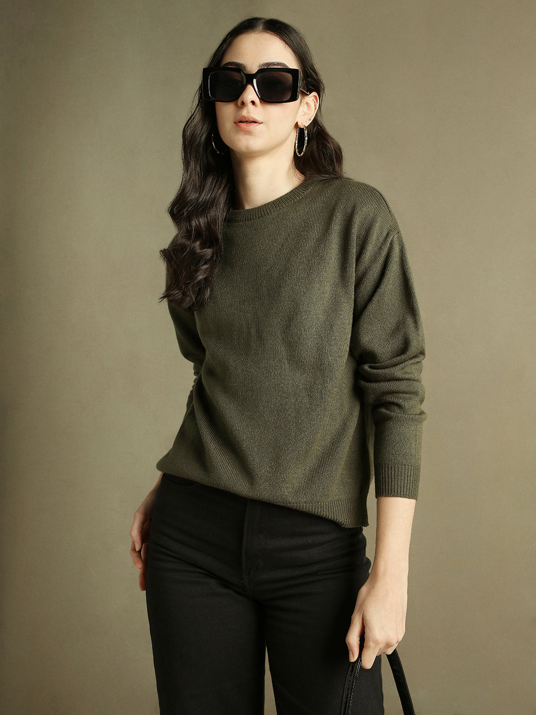 DL Woman Round Neck Solid Olive Full Sleeves Pullover Sweater