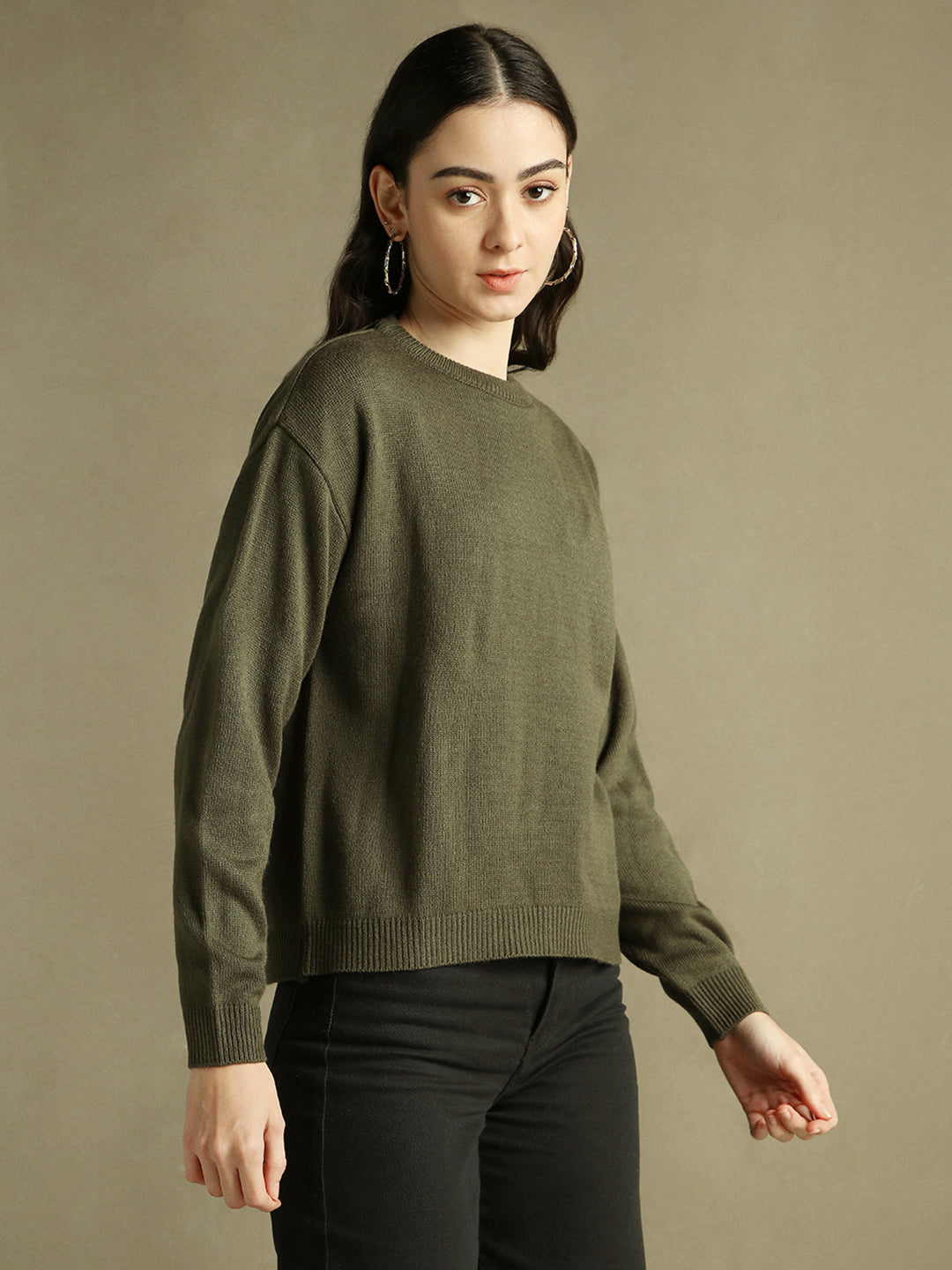 DL Woman Round Neck Solid Olive Full Sleeves Pullover Sweater