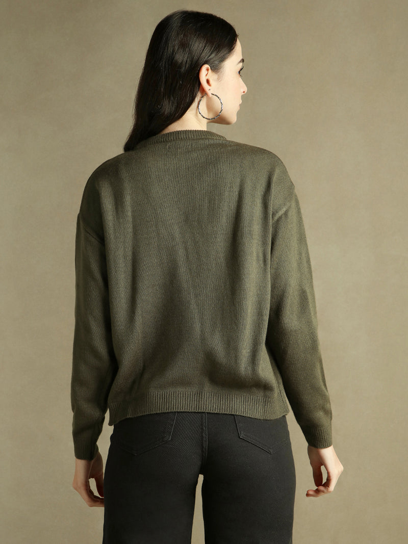 DL Woman Round Neck Solid Olive Full Sleeves Pullover Sweater