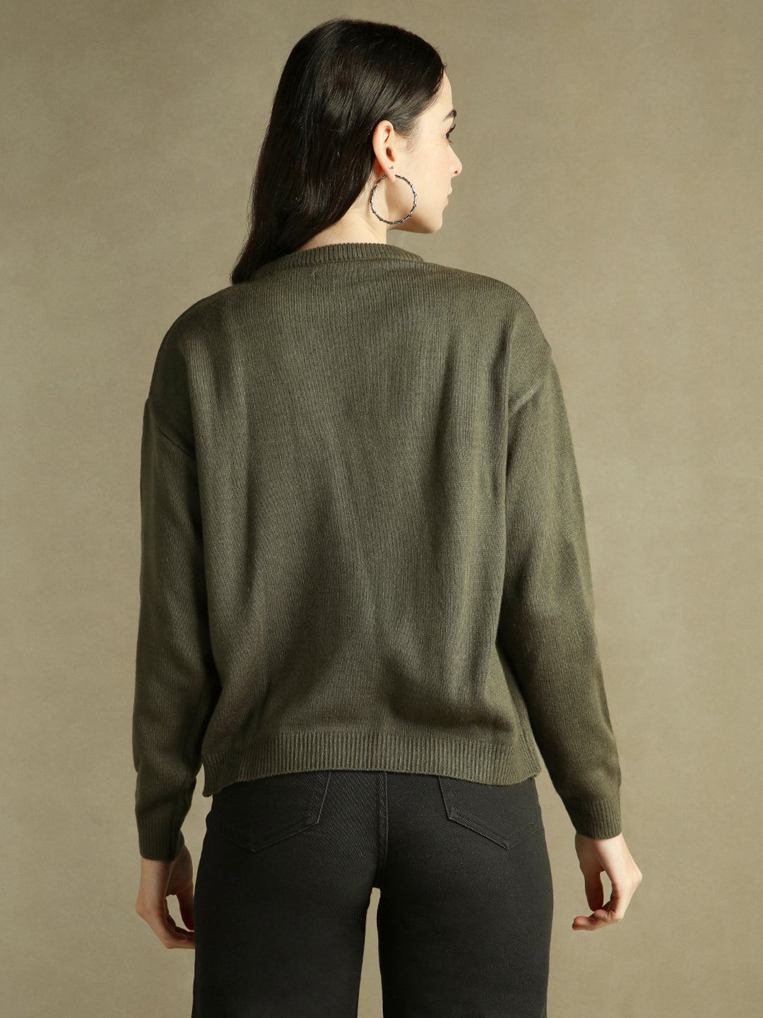 DL Woman Round Neck Solid Olive Full Sleeves Pullover Sweater