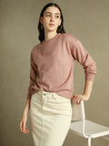 DL Woman Round Neck Solid Pink Full Sleeves Pullover Sweater