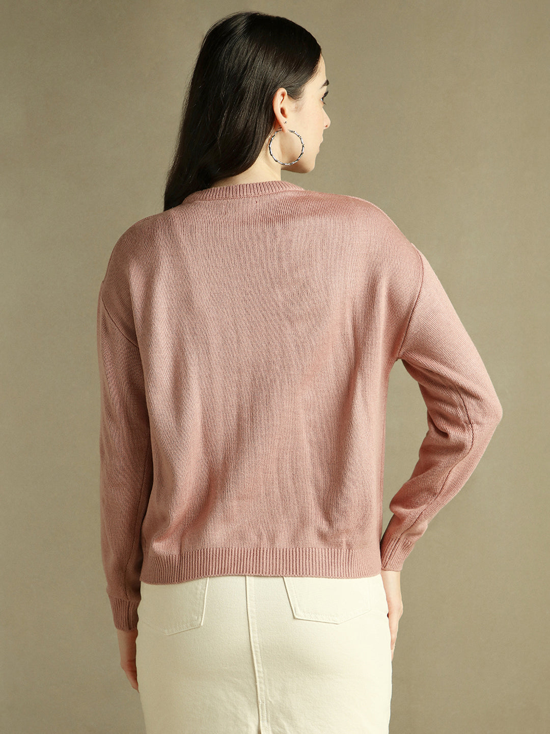 DL Woman Round Neck Solid Pink Full Sleeves Pullover Sweater