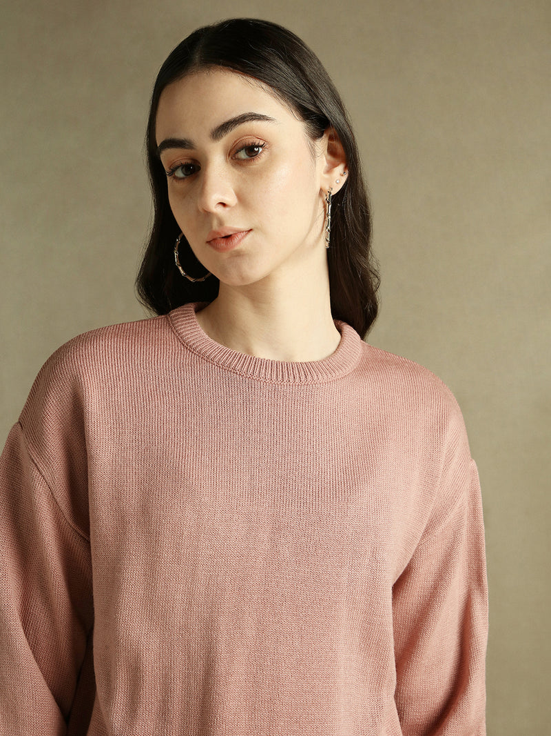 DL Woman Round Neck Solid Pink Full Sleeves Pullover Sweater