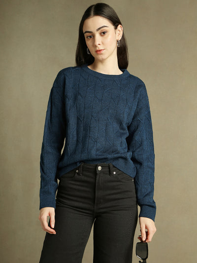 DL Woman Round Neck Solid Mid Blue Full Sleeves Pullover Sweater