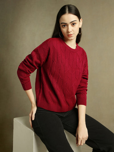 DL Woman Round Neck Solid Magenta Full Sleeves Pullover Sweater