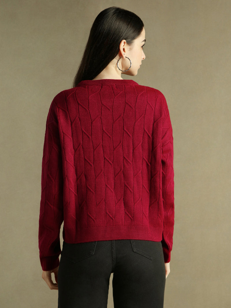 DL Woman Round Neck Solid Magenta Full Sleeves Pullover Sweater