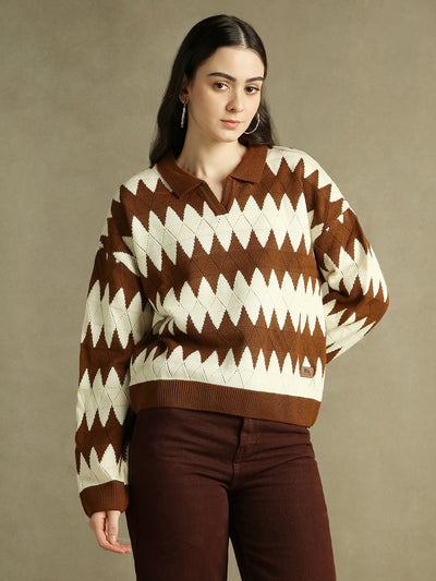 DL Woman Shirt Collar Striped Brown Full Sleeves Pullover Sweater