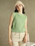 DL Woman Green Solid Round Neck Sweater Vest