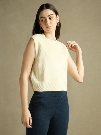 DL Woman Off White Solid Round Neck Sweater Vest